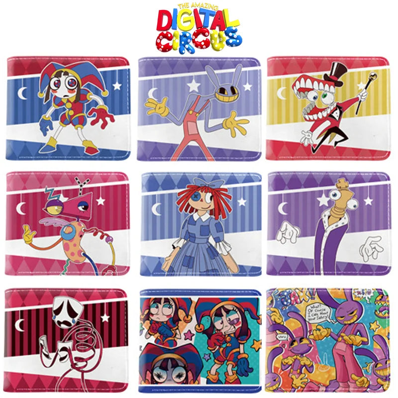 Ein Set von acht farbenfrohen PU-Leder-Klappwallets mit Zirkus-Thema.