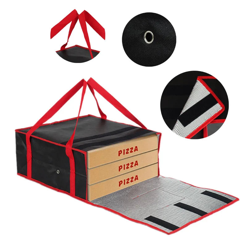 Insulated pizza delivery bag with red straps and aluminum foil lining shown in various forms.