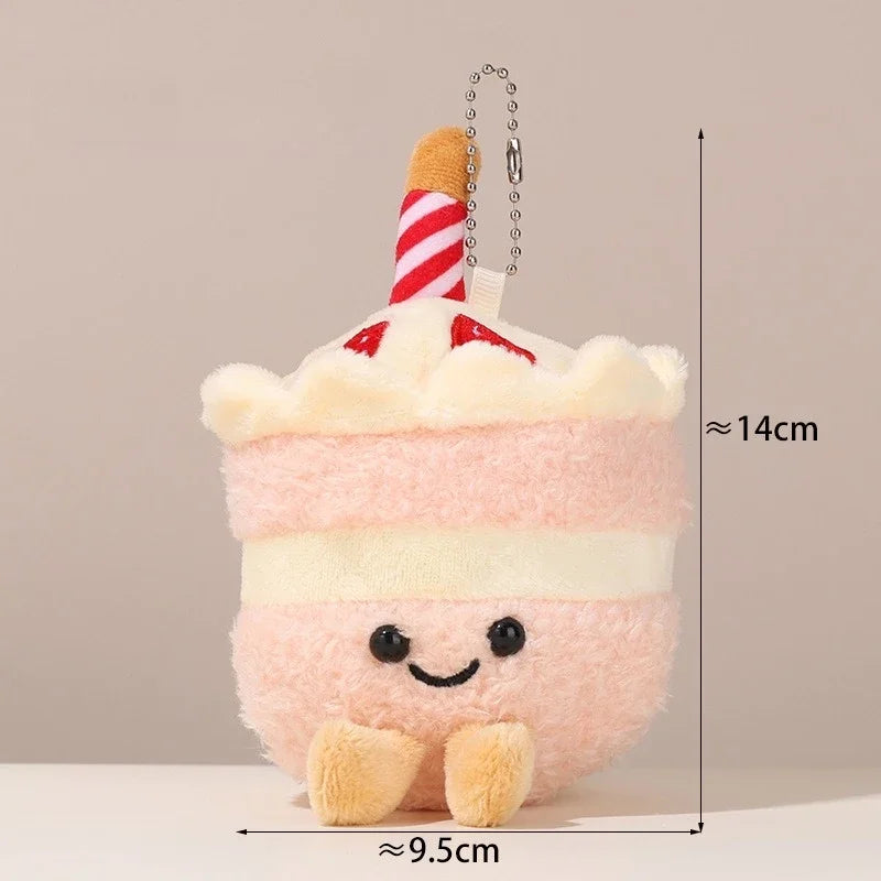 A fluffy pink bread shaped plush keychain with a striped white and red frosting top.