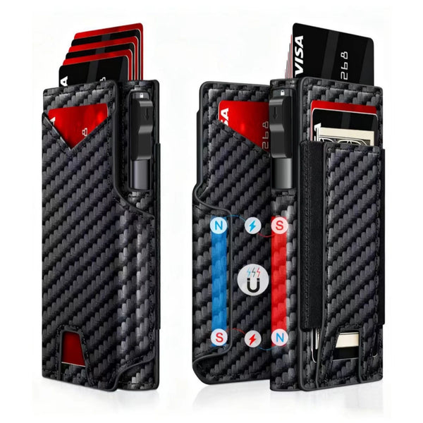 A black men's PU leather slim bi-fold wallet with RFID protection showing various cards and cash.