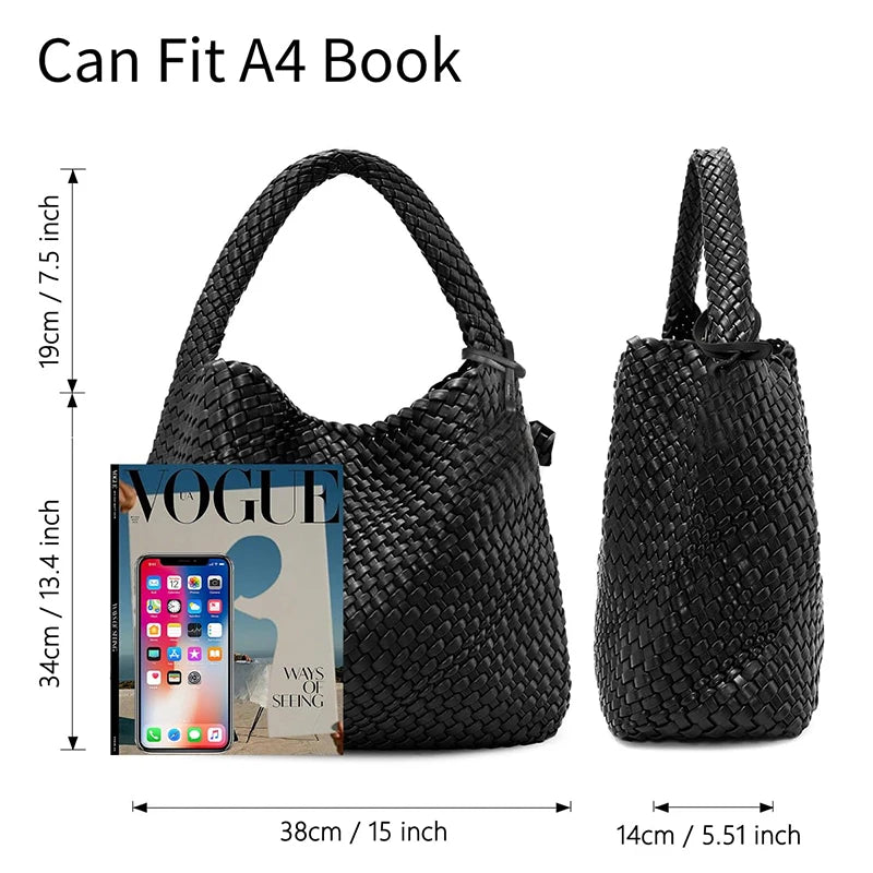 Black handwoven faux leather tote bag and clutch shown next to an A4 book for scale comparison.