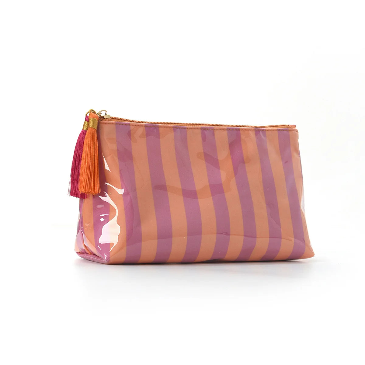 A cosmetic travel pouch in striped purple and orange leather with a fringe detail.