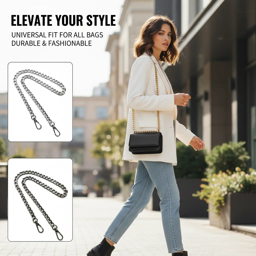 A woman models a white blazer and jeans while carrying a black bag with an elegant metal chain crossbody strap.