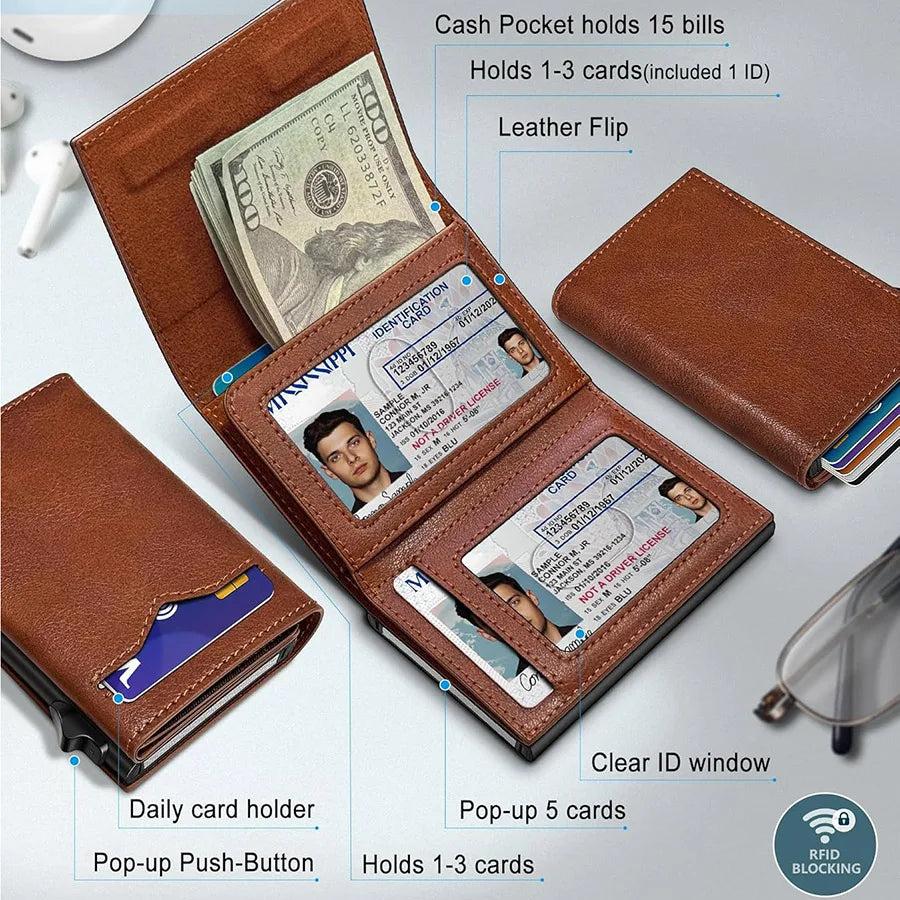 A brown leather RFID pop-up card holder wallet showing various features like cash pockets and ID slots.