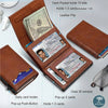 A brown leather RFID pop-up card holder wallet showing various features like cash pockets and ID slots.