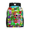A black backpack featuring a colorful, cartoon-style design with various animal and character faces on a bright blue backgrou