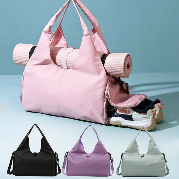 Colección de bolsos para hombros de fitness y yoga multiuso en rosa, morado y gris.