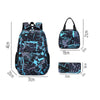 A dark blue and black patterned sports laptop backpack with a separate rain cover shown in various dimensions.