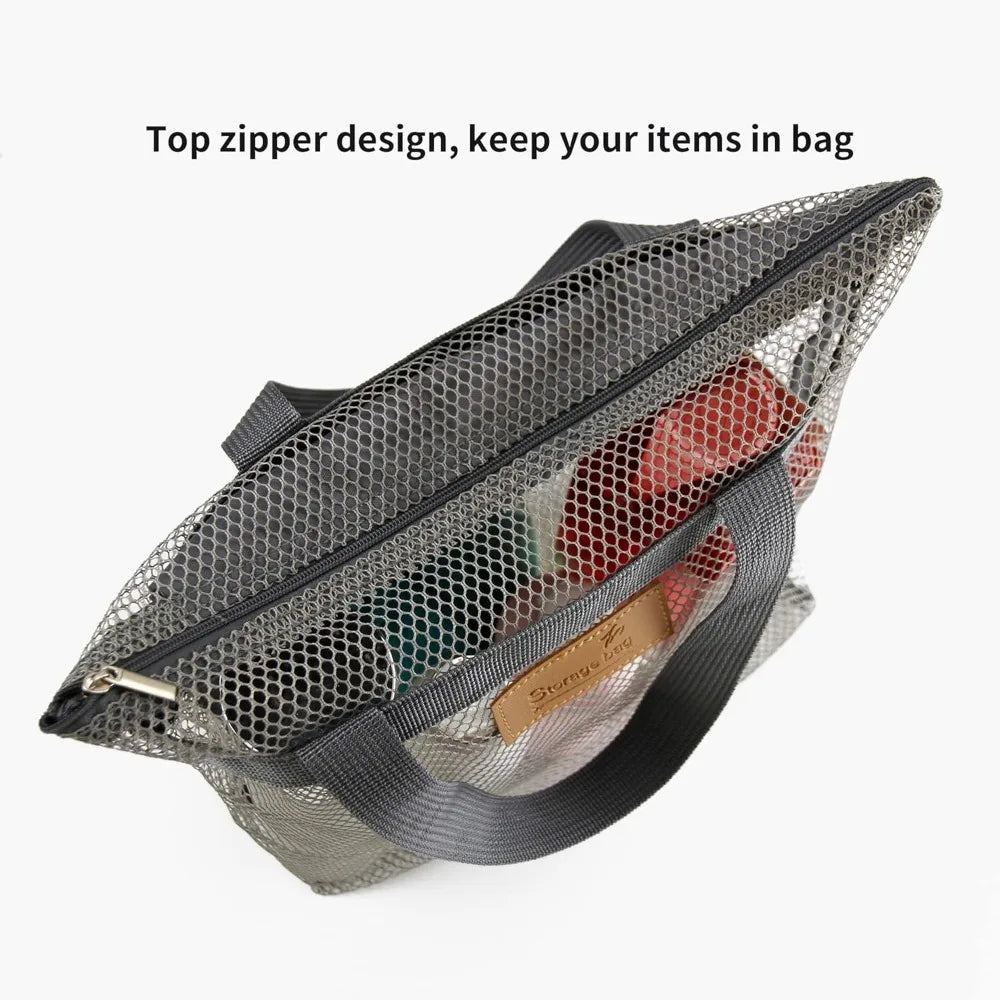 حامل دش شبكي محمول بتصميم سحاب علوي، يعرض عدة أغراض بداخله.