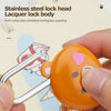 Hand holding an orange cartoon padlock with a silver key, showing the lock head and body.