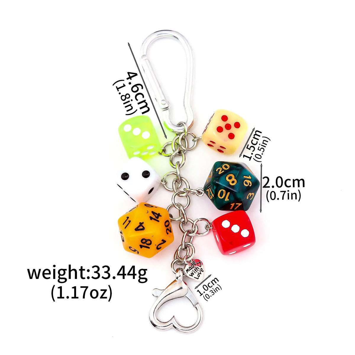 A set of colorful dice keychain charms with a heart charm and measurement lines.