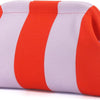 An orange and white striped knit clutch bag shown from the side.