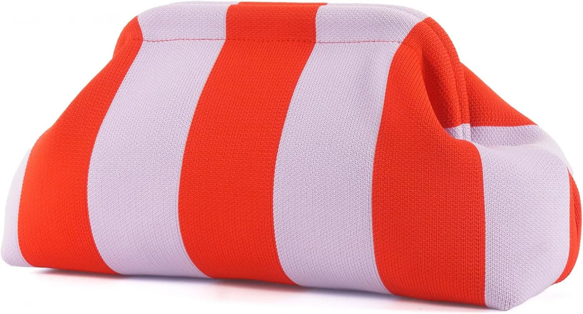 An orange and white striped knit clutch bag shown from the side.