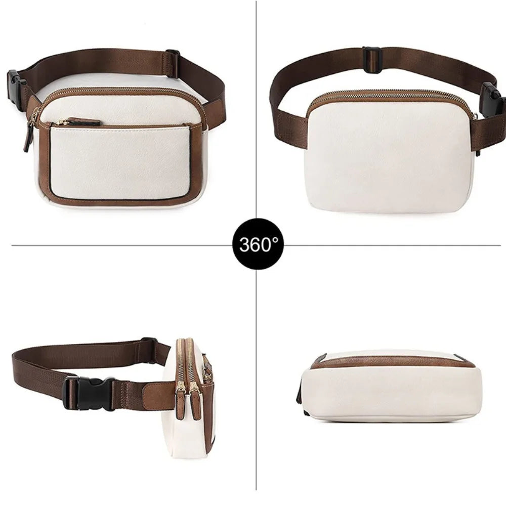 A beige PU leather crossbody waist bag shown in various angles and views.