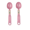 A pair of pink precision digital kitchen scales with round weighing bowls.