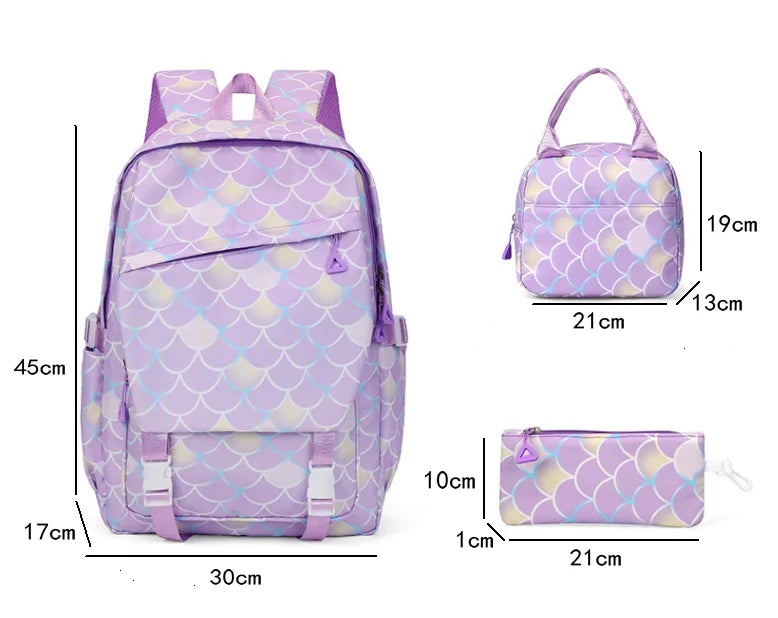 A purple patterned casual backpack shown with various dimensions and features.