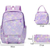 A purple patterned casual backpack shown with various dimensions and features.