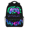 A black backpack featuring a neon green and purple cartoon game controller design.