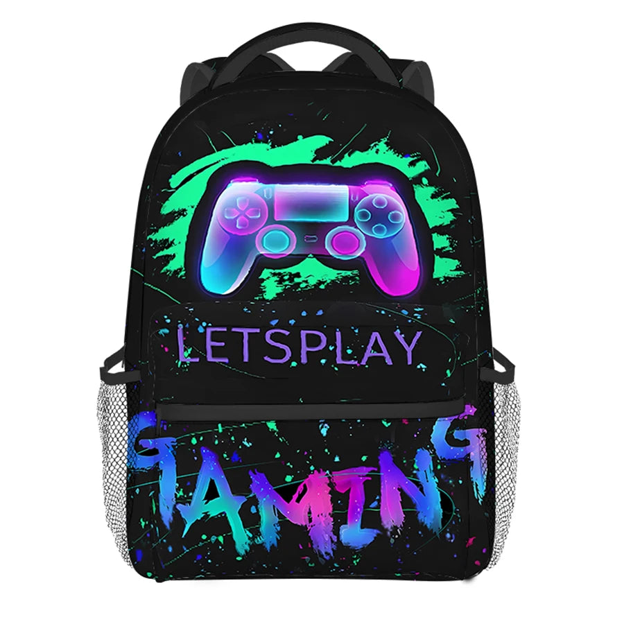 A black backpack featuring a neon green and purple cartoon game controller design.