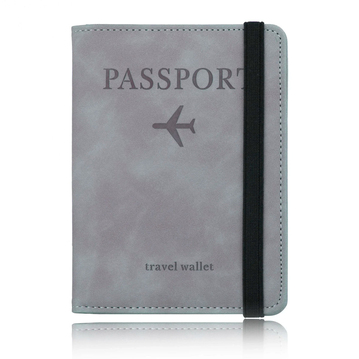 A grey leather passport travel wallet with a black strap and a silver airplane icon.
