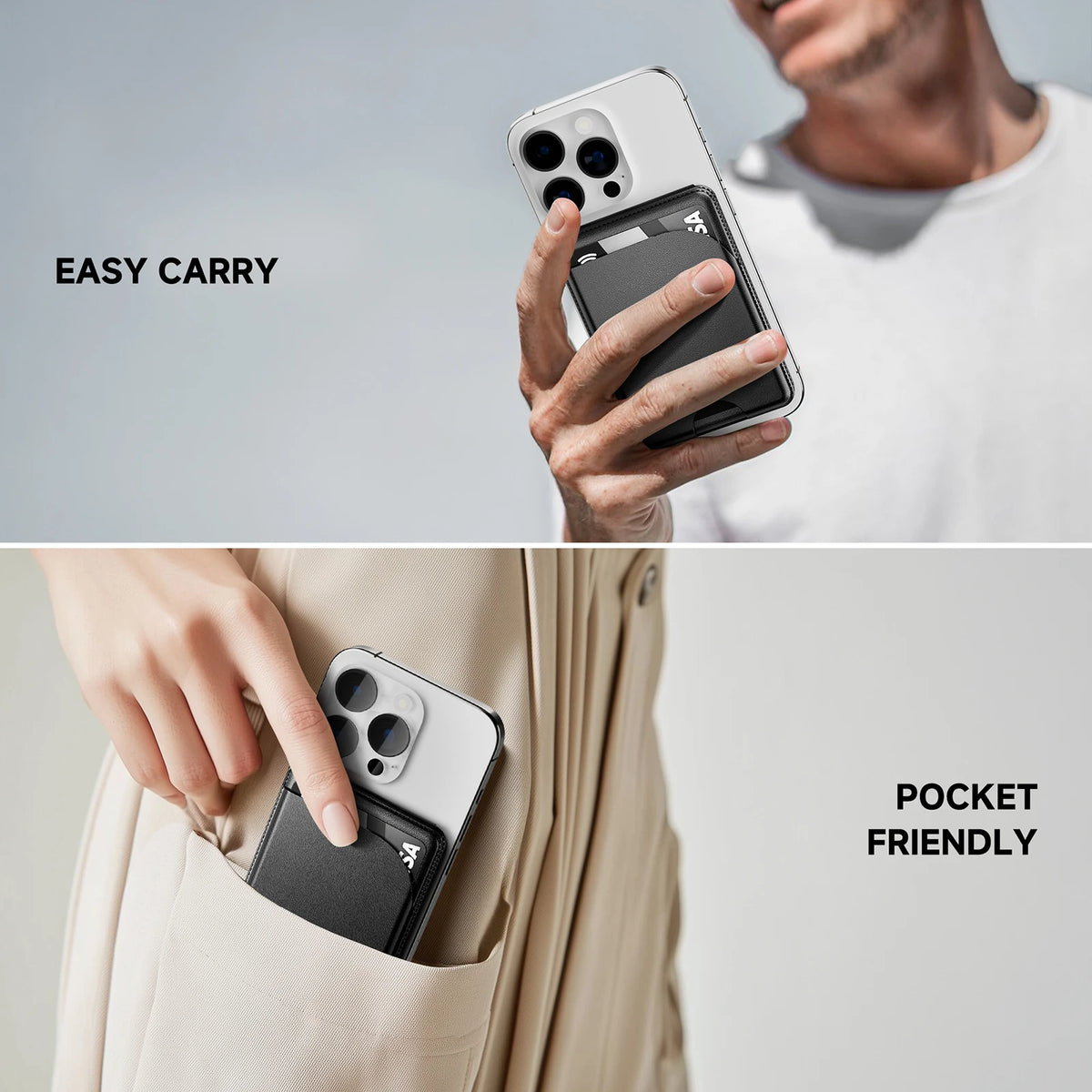 Une personne tient facilement un smartphone et un portefeuille, démontrant sa conception pratique.