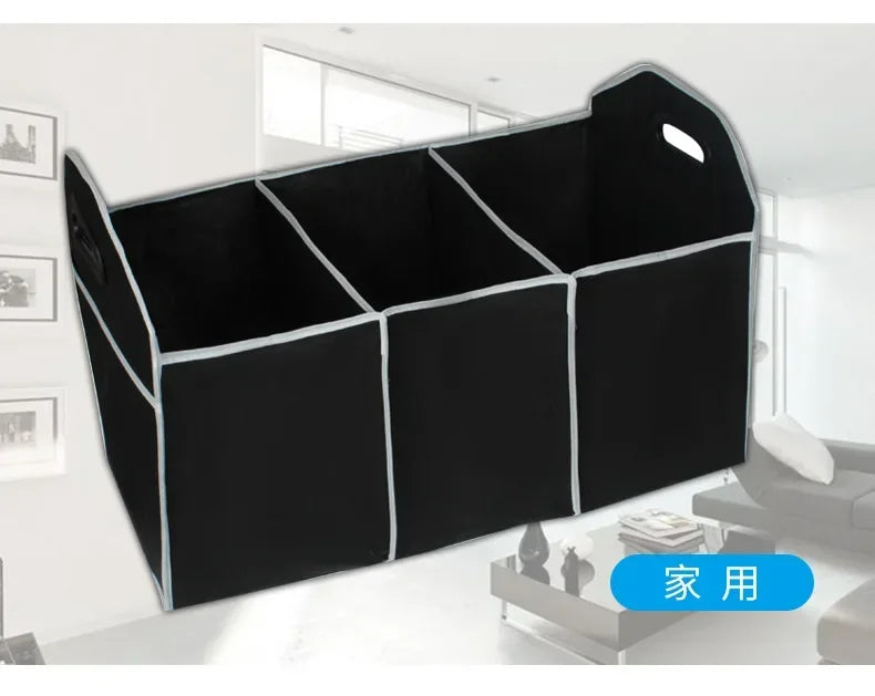 Black multi-pocket car trunk organizer with a foldable design shown in a modern interior setting.