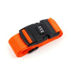 Orange luggage strap with a black combination lock buckle.