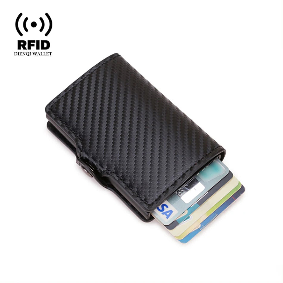 A black slim wallet with a carbon fiber texture and RFID blocking features is shown.