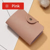 A pink premium PU leather ID and credit card wallet shown in a close-up view.