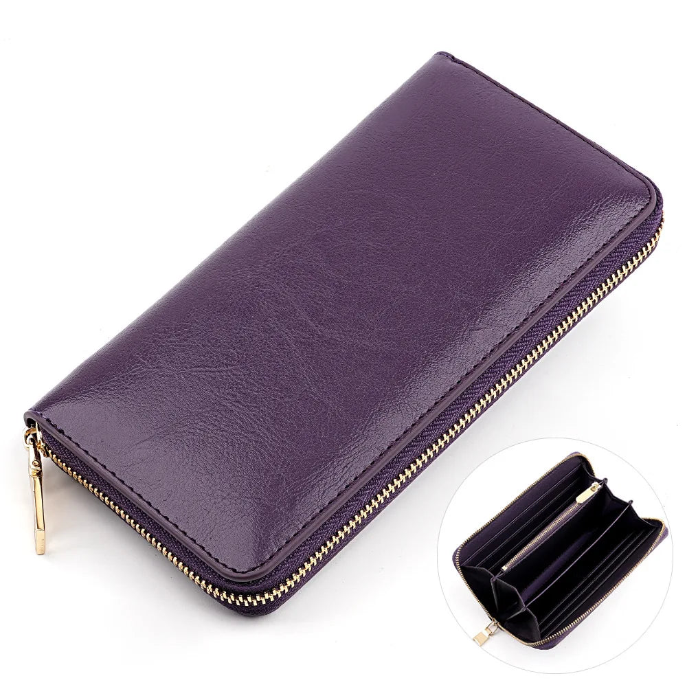 A purple genuine leather zipper wallet shown flat and a close-up view of the interior.