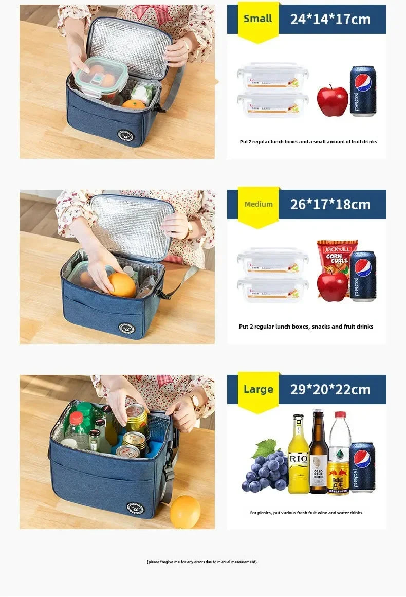 A blue insulated portable lunch bag with a shoulder strap is shown open, containing various food items.