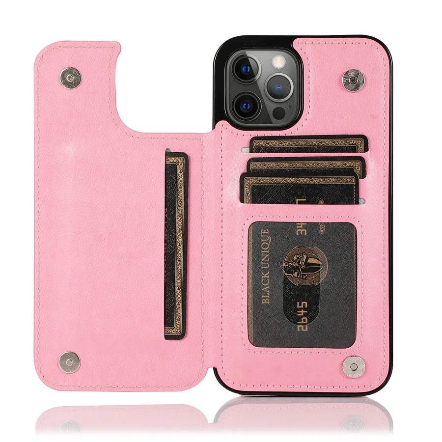 A pink elegant wallet flip case for an iPhone showing the back and front view.