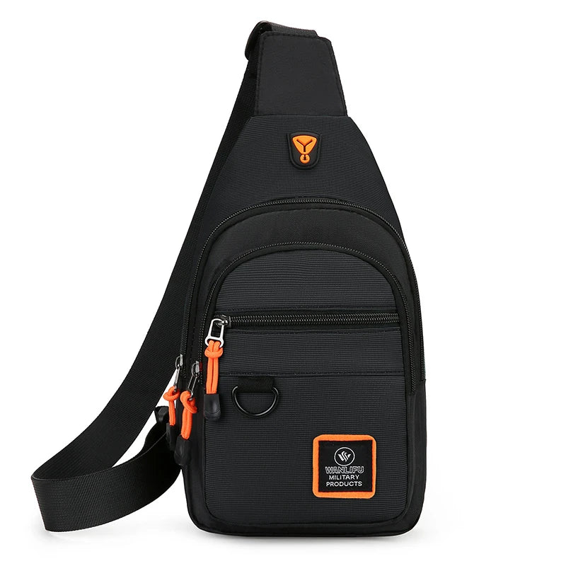 Black nylon chest bag with an orange strap and a yellow logo on the front pocket.