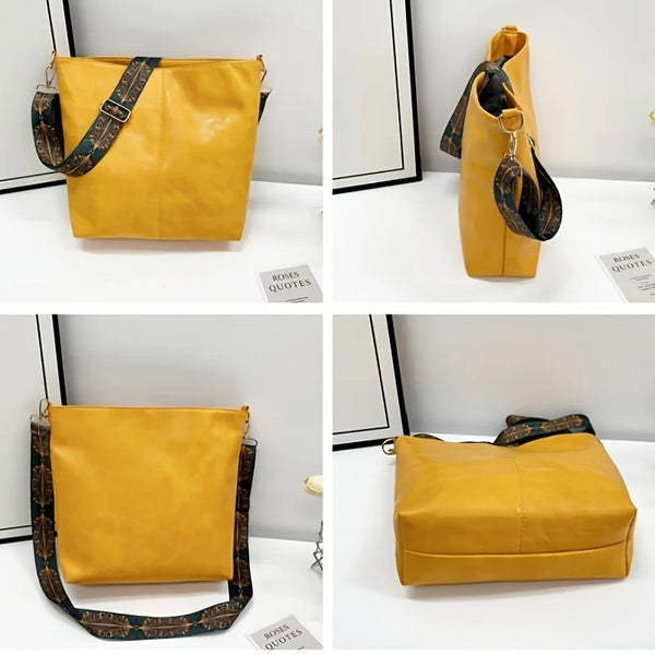 A yellow leather crossbody bag with a patterned strap shown in multiple angles.