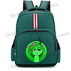 A dark green cartoon anime backpack featuring a smiling green alien character.