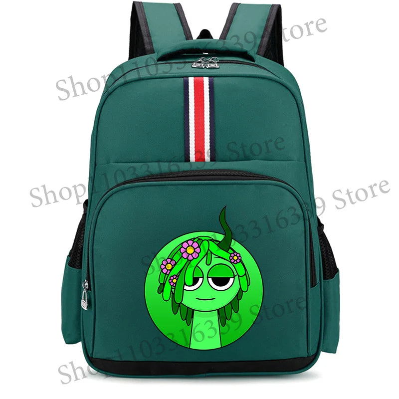 A dark green cartoon anime backpack featuring a smiling green alien character.