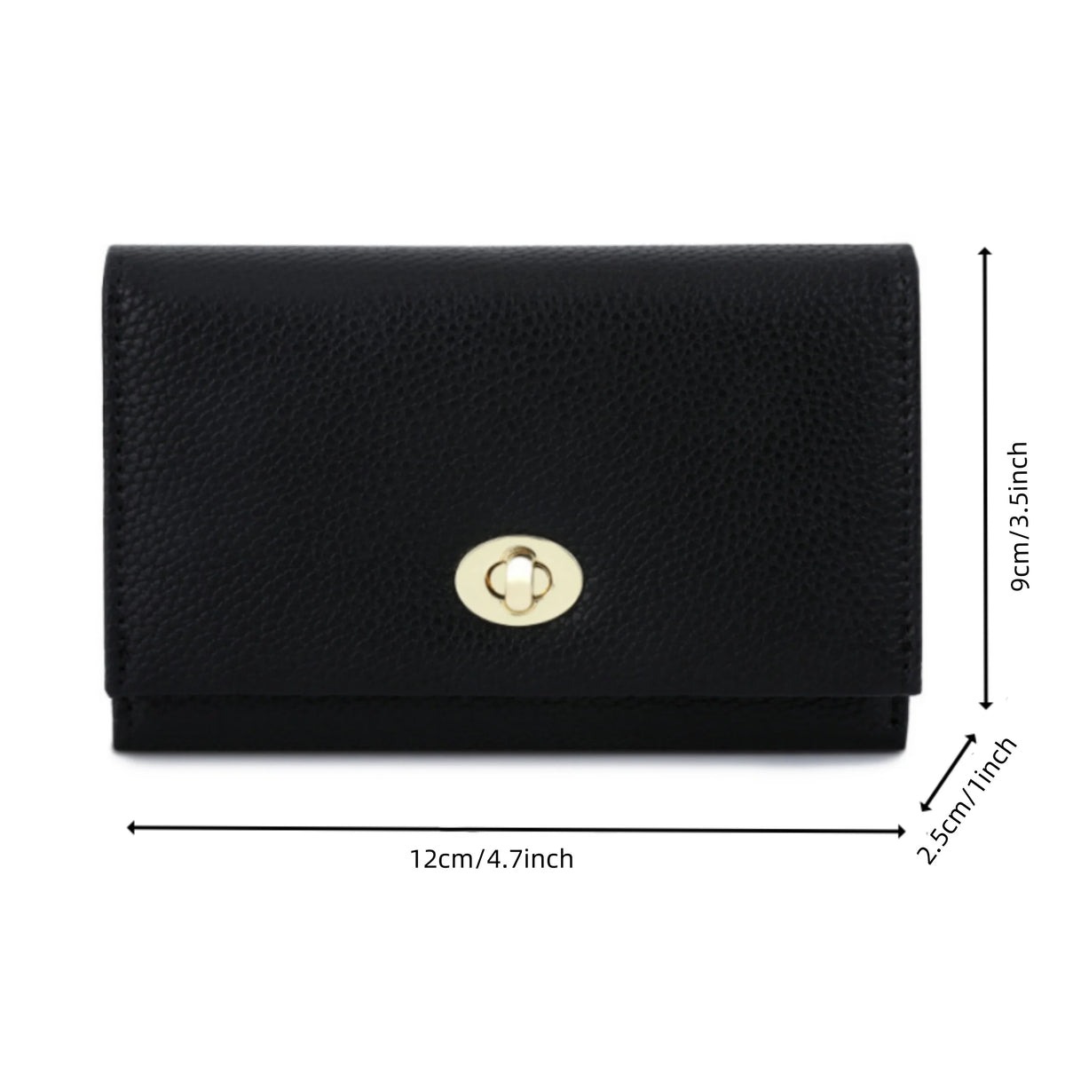 Black compact women's card holder wallet shown from the top with dimensions 12cm by 9cm.