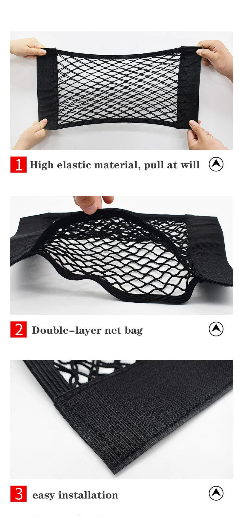 Black mesh net bag for car trunk storage with high elastic material and easy installation