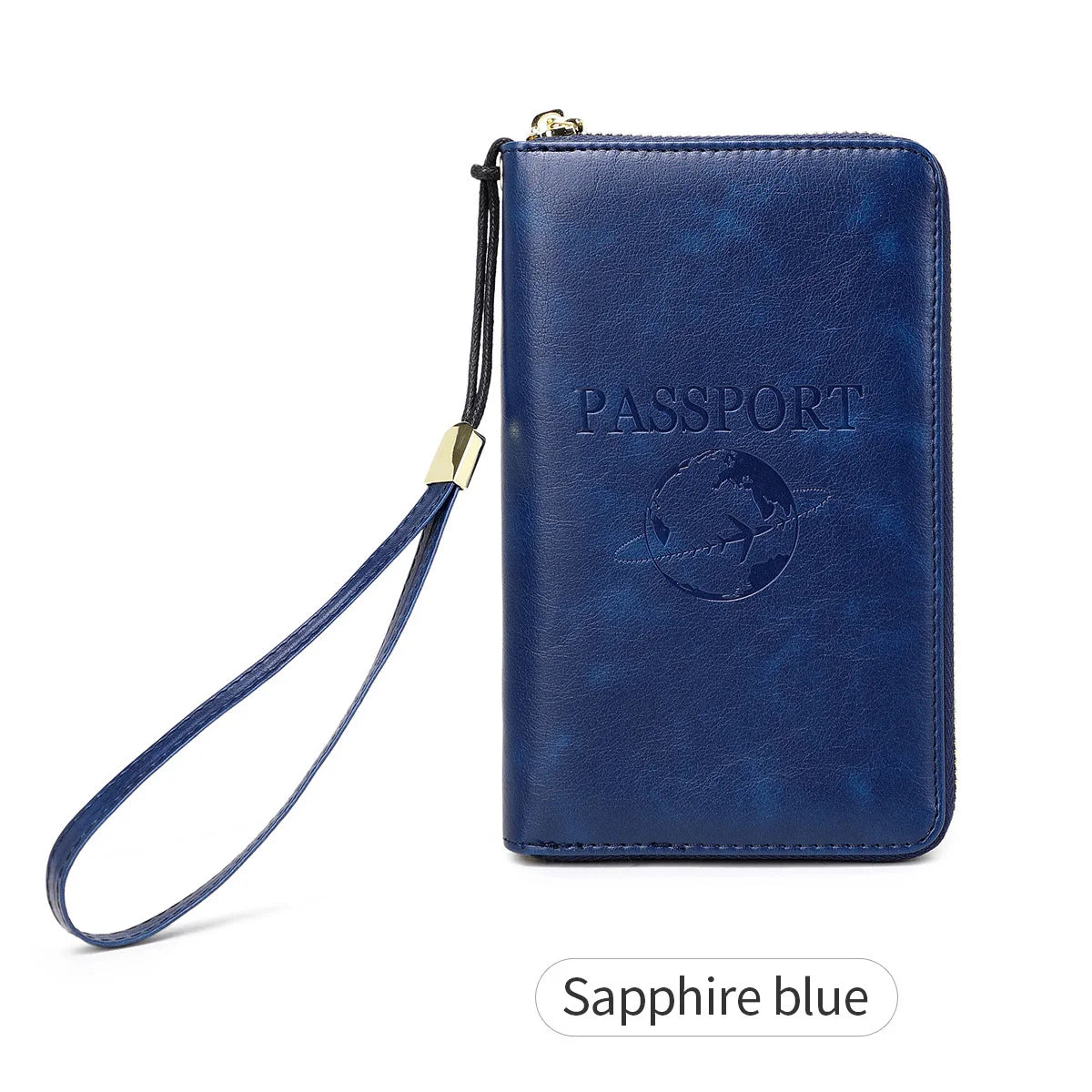 A navy blue leather passport holder with a lanyard and an embossed globe design.