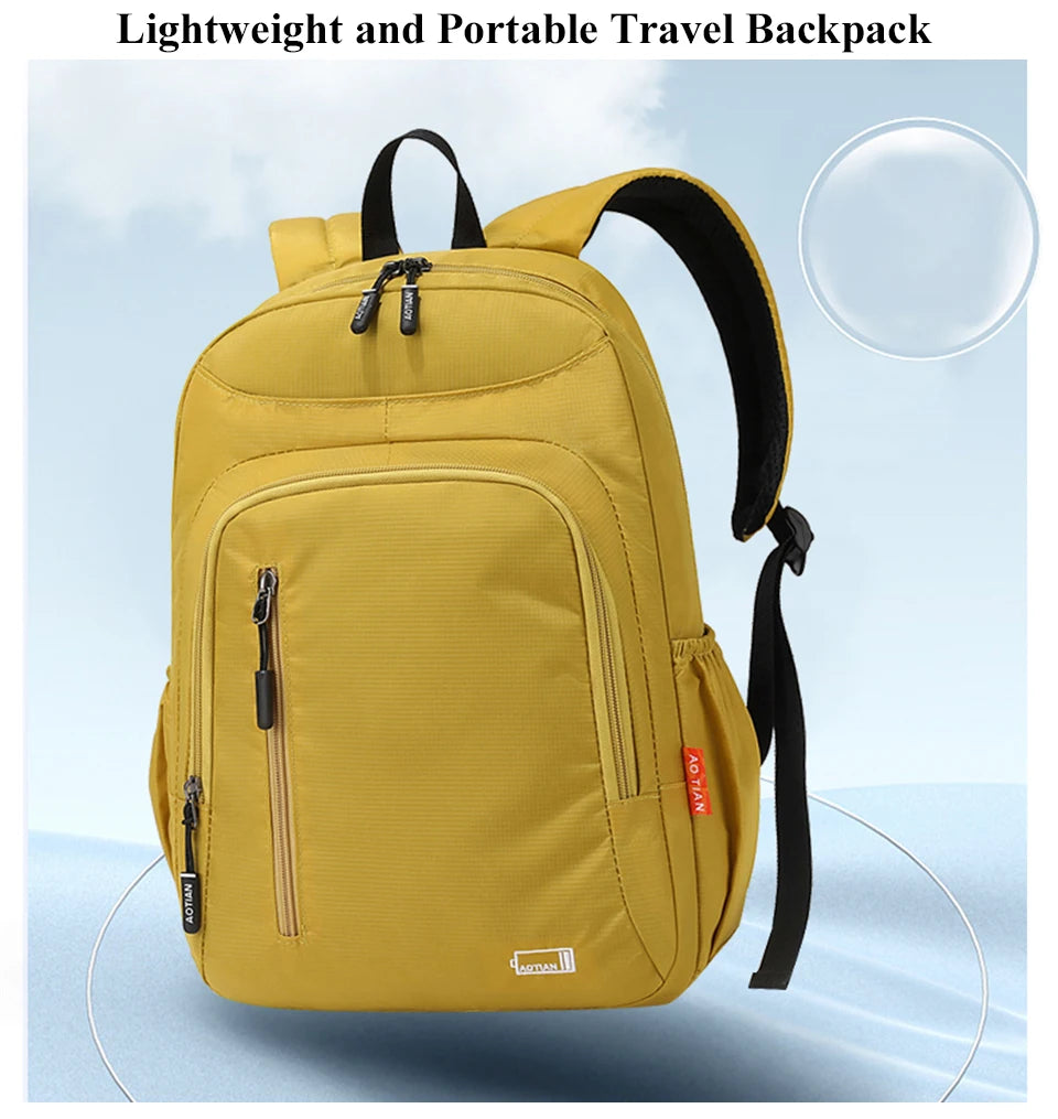 A yellow lightweight and portable travel backpack shown from the front.