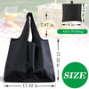 Black reusable foldable grocery tote bags shown with dimensions and after folding size comparison.