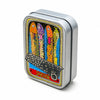 A silver metal box with a printed design of colorful sardines and a knife on the lid.