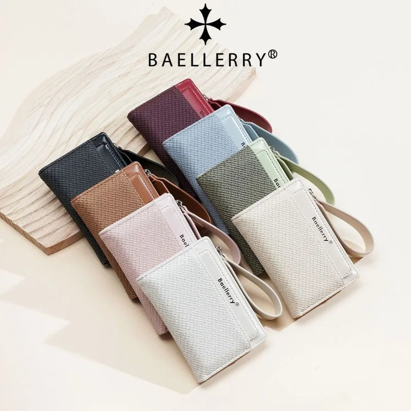 A collection of women's Baellerry zip-around wallets in various colors and textures arranged on a light background.