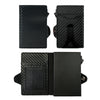 Black carbon fiber RFID pop-up card holder shown in three views