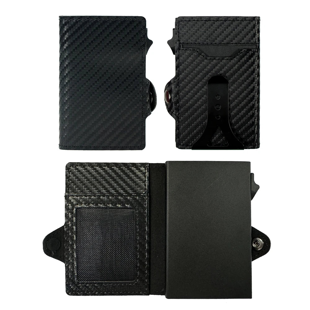 Black carbon fiber RFID pop-up card holder shown in three views