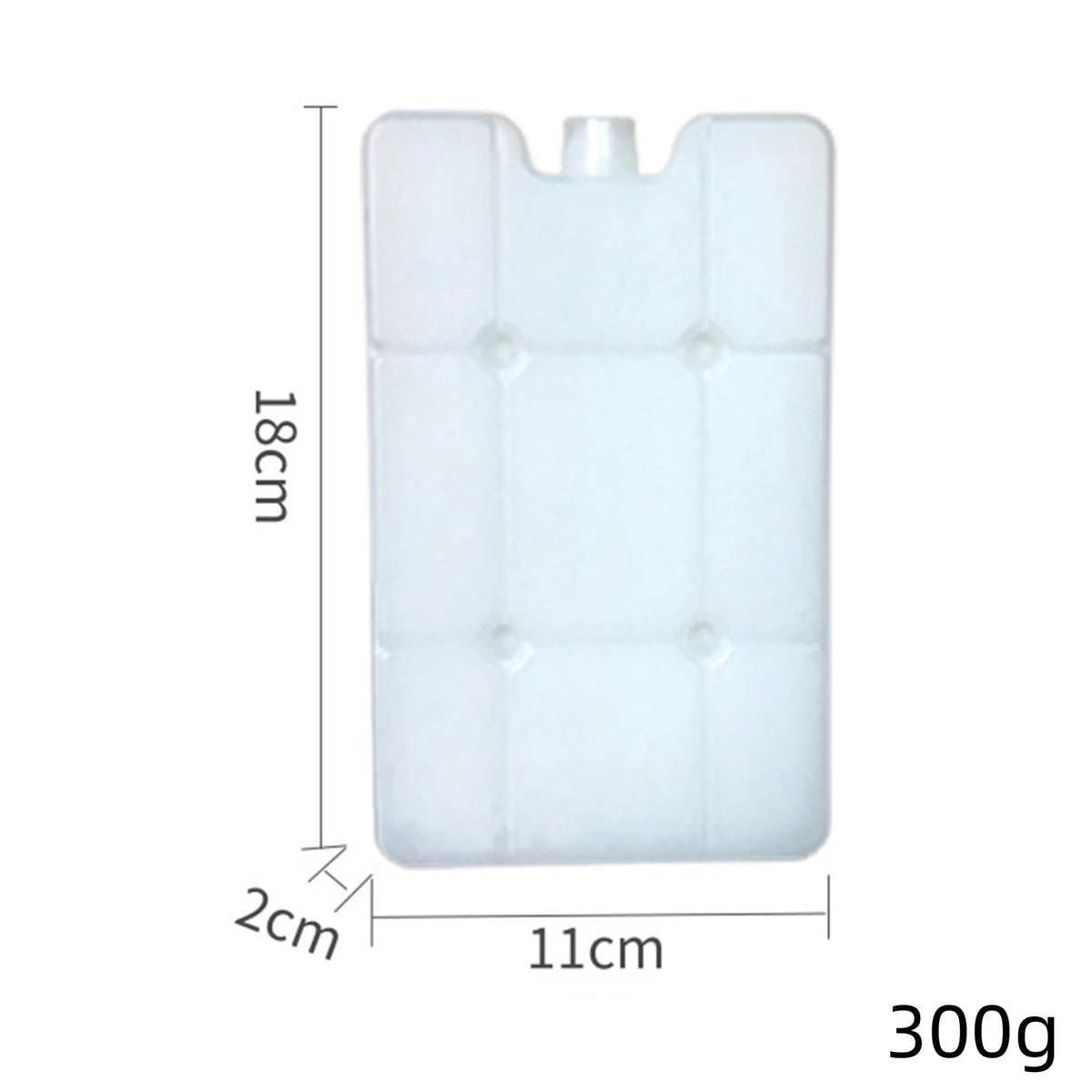 A white reusable ice pack with dimensions 18cm by 11cm and a weight of 300g.
