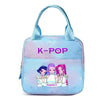 A light blue insulated backpack featuring illustrations of K-pop idols in purple and pink hues.