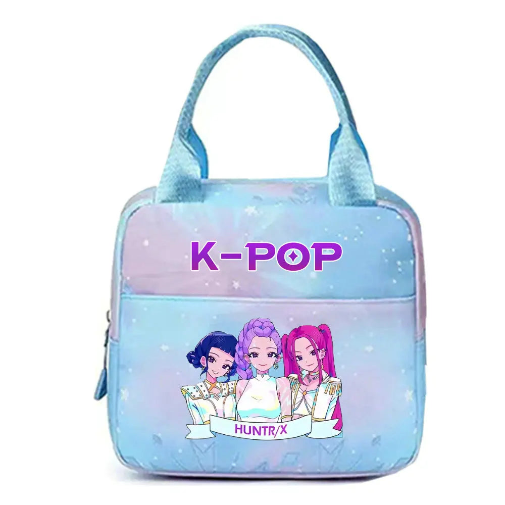 A light blue insulated backpack featuring illustrations of K-pop idols in purple and pink hues.