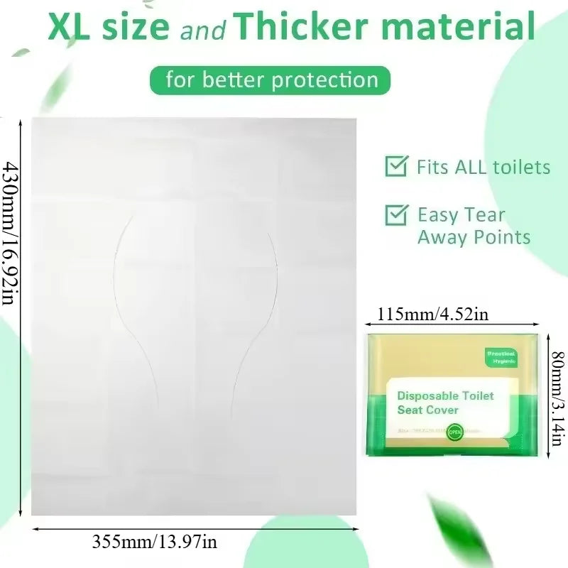 A package of disposable toilet seat covers shown next to a diagram illustrating the size and thickness for better protection.