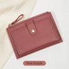 A pink purple ultra-thin PU leather card holder wallet with a stitched edge and a leather strap.